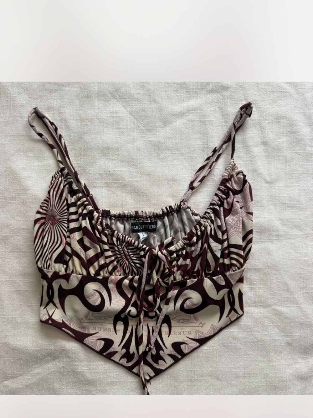 Urban Outfitters Brown and Cream Abstract Tie-Front Crop Top